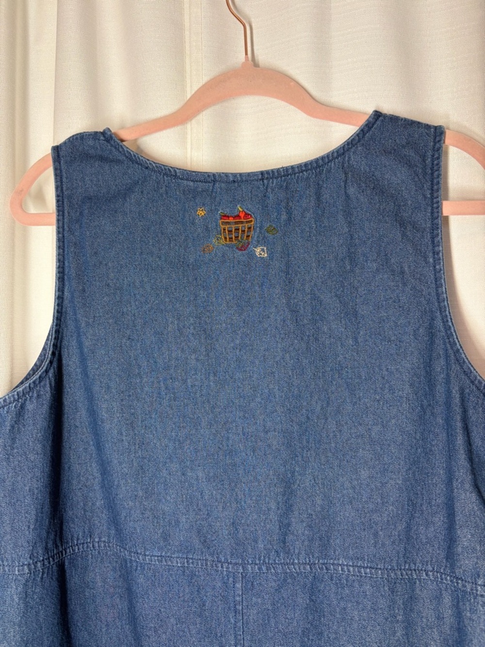 Bobbie Brooks Denim Jumper Dress Embroidered Fall Leaves L Cottagecore Vitg 90s - Picture 5 of 10
